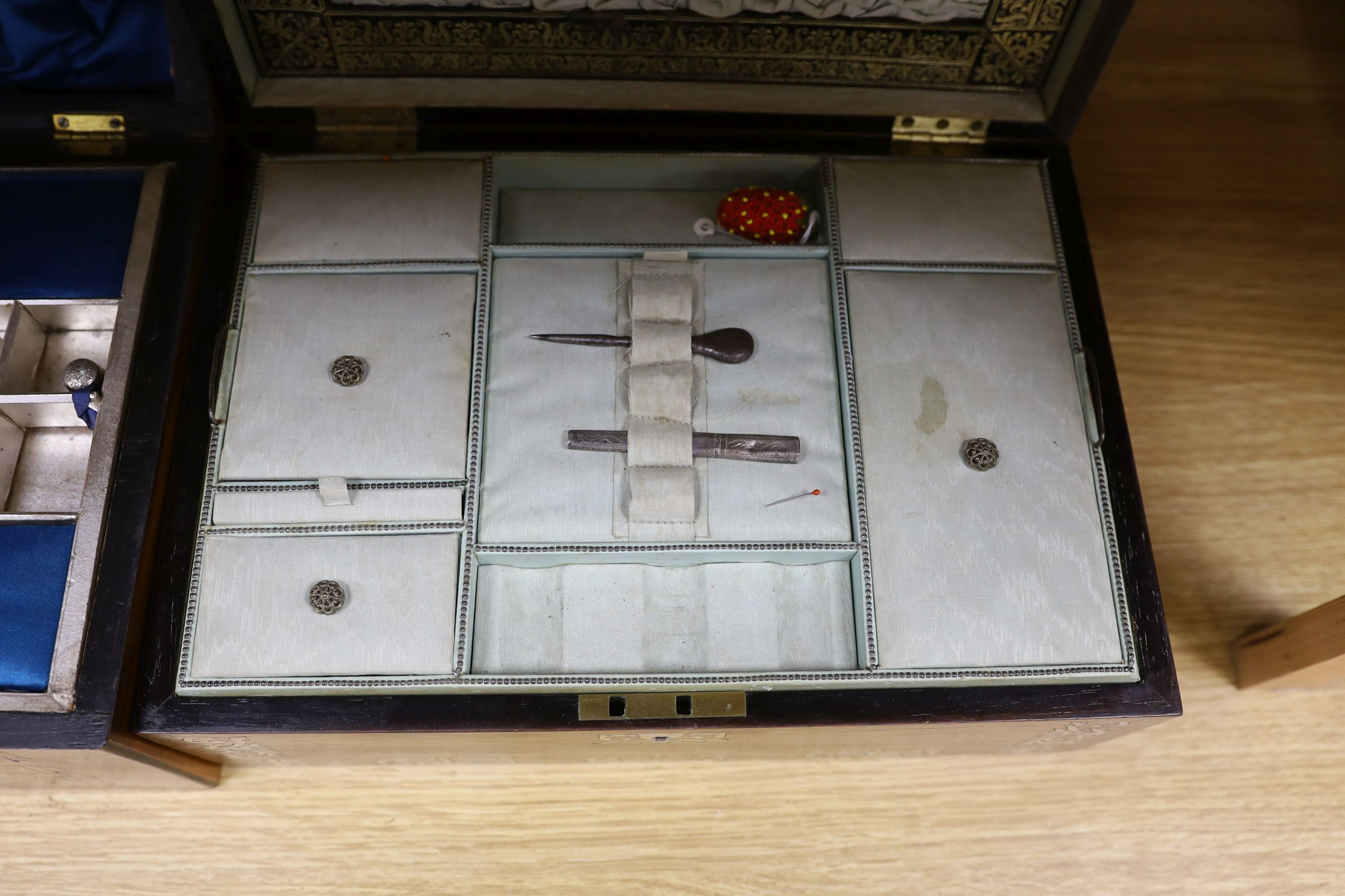 A Victorian rosewood and mother-of-pearl work-box, 33cm, and a Victorian walnut and parquetry work-box